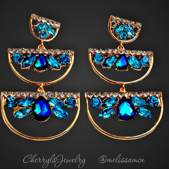 Turquoise Blue Fun Funky Crystal Standout Chandelier Earrings - Picture 3 of 5